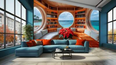 Christmas bookshelf background of interior home library study virtual room window of tropical ocean beach. Aqua blue water. Poinsettia holiday flowers. Online presentation teams meeting backdrop Wall mural