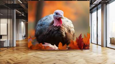 Cute adorable fluffy round Thanksgiving fall autumn turkey with some colored red orange yellow leaves Wall mural