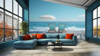 Fun retirement with serene view of two light blue beach chairs with blue and white umbrella facing beautiful summer beach. Relaxing chill vacation vibe. Extra space for text copy. Wall mural