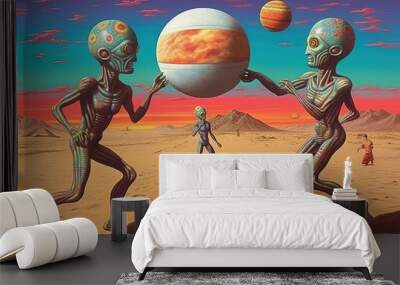 Aliens engaging in an intense game of beach volleyball on a celestial beach, complete with three suns and multicolored sand. illustration generative ai Wall mural