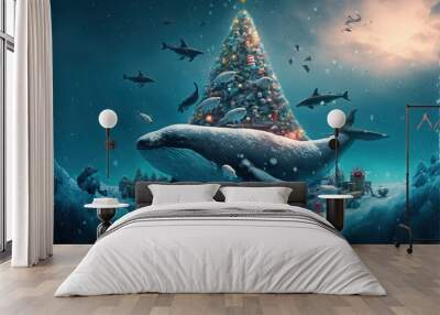 animals of the ocean celebrating christmas around christmas tree with many gift Wall mural