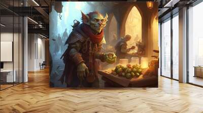 Bustling marketplace filled with goblins selling strange and exotic wares, from potions and enchanted trinkets to live creatures and question illustration generative ai Wall mural