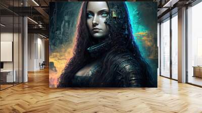 futuristic cyberpunk mona lisa portrait illustration generative ai Wall mural