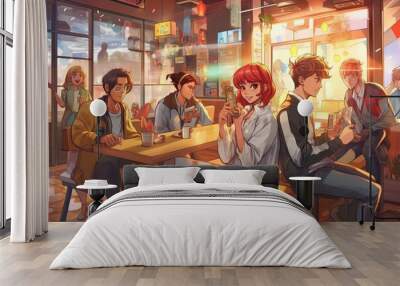 group of young professionals collaborating in a modern co - working space, representing teamwork and creativity in the workplace, manga styleillustration generative ai Wall mural