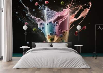 healthy smoothie drops falling in glass. Healthy summer drink, berry milkshake or smoothie illustration generative ai Wall mural