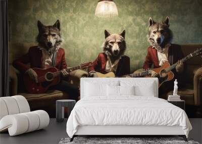 howling wolves rock band illustration generative ai Wall mural