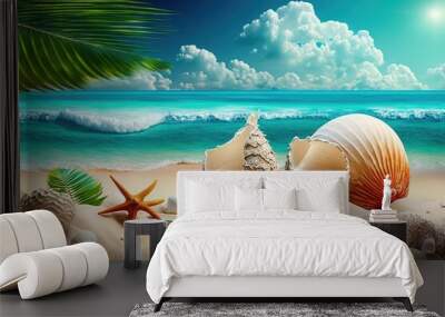 Landscape with seashells on tropical beach - summer holiday illustration generative ai Wall mural