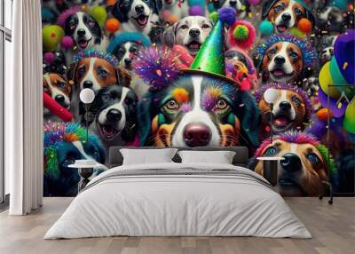 many dogs pets celebrating new year illustration generative ai Wall mural