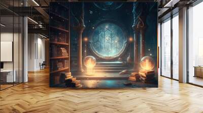 mystical library filled with ancient tomes and magical artifacts, with glowing runes etched into the shelves and floating orbs of light guiding the way illustration generative ai Wall mural