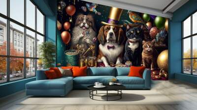 pets celebrating new year eve illustration generative ai Wall mural