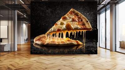 piece of freshly baked pizza cheese melted on black background illustration generative ai Wall mural