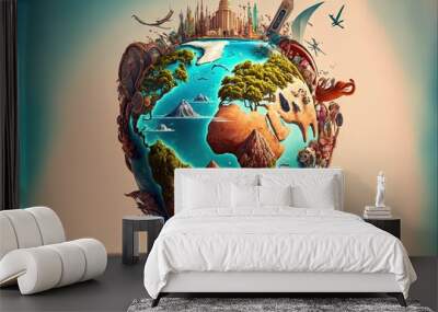 Wanderlust travelling travel, vacation, adventure concept illustration generative ai Wall mural