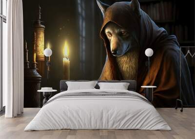 wolf as Medieval priest or monk cartoon character, with book and candle generative ai Wall mural