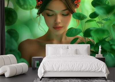 A woman is looking at a tablet in a lush green forest. Concept of serenity and tranquility, as the woman is surrounded by nature while using her device. Eco friendly device tech. Wall mural