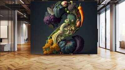 Ai generated number two made of fruits and vegetables. 3D Render green letter two, presentation of type character with raw plant foods. Concept of healthy vegetarian and whole food diet. Wall mural