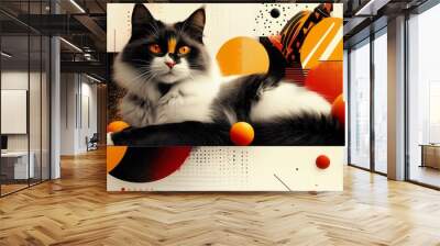 Black and white cat with orange eyes lounging among abstract shapes and bold colors, creating a modern, playful, and surreal composition Wall mural