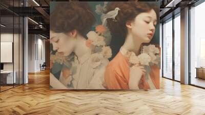 Digital art portrait of two ethereal young women with elegant hairstyles, wearing vintage clothes, surrounded by flowers and holding exotic white birds; in the renaissance classical painting style Wall mural