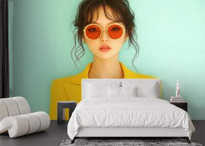 Elegant. Stare of. a confident asian woman poses in a trendy yellow jacket and stylish red sunglasses against a vibrant turquoise background. Sensual japanese girl looking at camera;  Wall mural