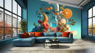 Generative Ai conceptual healthy food 3d illustration, promotion fresh fruits, tofu, hydration drinks. Concept of well balanced diet, taking supplements, health benefits feeling. Faded background Wall mural