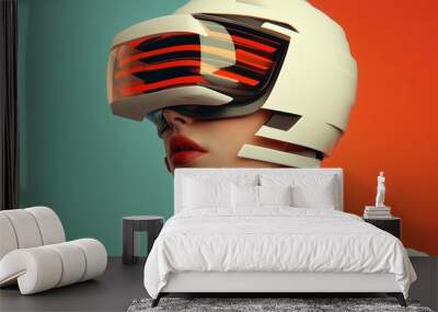 Immerse in futuristic world with sensual android woman wearing white vr headset. Red lights illuminate her against two tone background, offering glimpse into future tech Wall mural