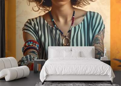 Panoramic header with a woman deeply engrossed in fortune telling with tarot cards, predicting destiny in a mystical spiritual session. Boho style jewelry adds whimsy to the scene Wall mural