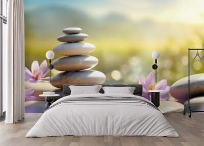 Stack of zen stones and flowers. Pile of pebbles; balance and harmony concept. Peaceful nature background for spa; natural wellness and yoga center. Symbol of mental health with copy space Wall mural