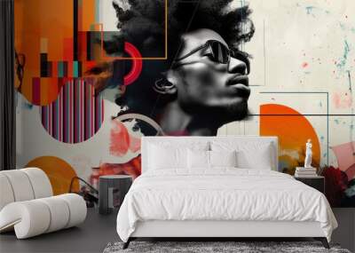 Striking digital collage depicting a stylish african american man with sunglasses, set against a modernist dynamic background, blending urban fashion with abstract art elements Wall mural