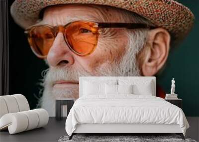 Stylish senior man exudes confidence with trendy fashion choices, showcasing modern personality with white beard, colorful hat, and orange sunglasses. Happy retirement and aging with grace Wall mural