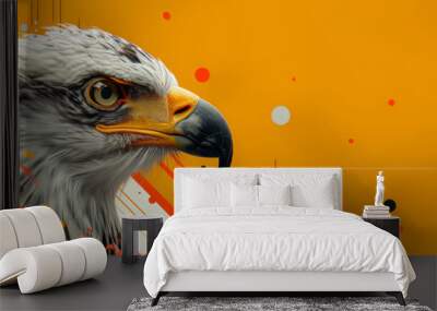 Vibrant digital illustration of a bald eagle with abstract colorful background featuring dynamic splashes of orange, yellow, and red, perfect for desktop wallpaper. Panoramic banner with copy space Wall mural