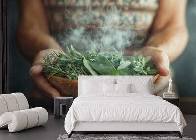 Woman holding a wooden bowl of fresh herbs, releasing aromatic steam. Green, organic ingredients for healthy cooking, thyme, rosemary, sage Wall mural