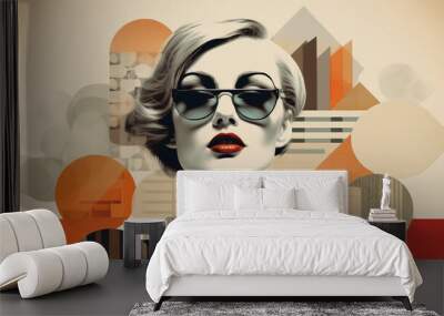 Woman wearing sunglasses with abstract city in the background, digital art, a mid-century modern collage, model face with red lips, vintage shapes, retro 50s style. Horizontal poster for fashion ads Wall mural