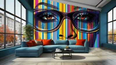 Young woman with colorful glasses reflects stripes in a vibrant, trendy portrait; modern contemporary design with african face Wall mural