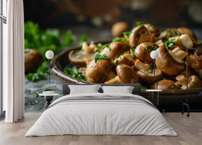 A dish of fresh mushrooms with parsley.  Wall mural