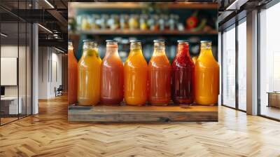 Colorful rows of fruits juice bottles. Wall mural