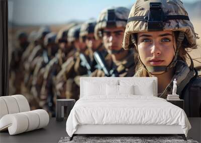 Deployment of soldiers in camouflage uniform. A young woman in foreground. ( AI generated )  Wall mural