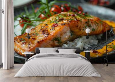 Grilled salmon steak with vegetables and rice.  Wall mural