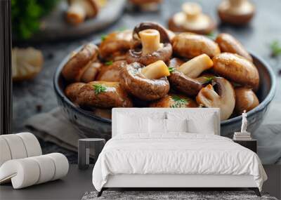 Sautéed mushrooms with parsley in a dish.  Wall mural