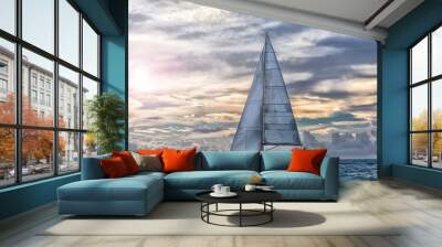 sailboat at sunset in navigation, sail boat Wall mural