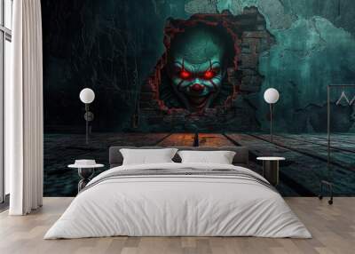 Scary evil clown with glowing eyes and wood table looking from hole in wall. Dark spooky grungy Halloween image or gothic empty room background. Extra space for text or product mockup. Wall mural