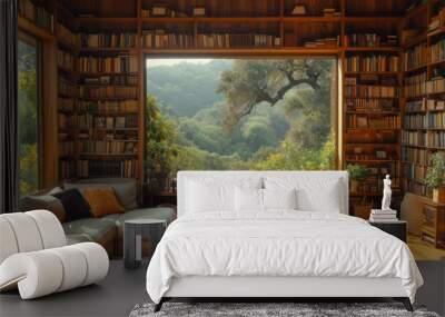 scenic bookshelf background home interior office library study with window view of trees and hills backdrop. Rustic wood bookshelves in cozy room. Virtual online presentation meeting room background. Wall mural