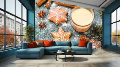 Traditional Christmas holiday cookies with a glass of milk and powdered sugar on a festive holiday background in red and green top view Wall mural