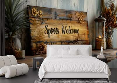 Whimsical wood sign with fun Halloween themed text, set in seasonal room decor. Wall mural