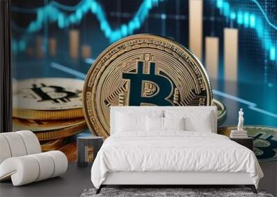 Bitcoins and New Virtual money concept.Gold bitcoins with Candle stick graph chart and digital background.Golden coin with icon letter B.Mining or blockchain  Wall mural