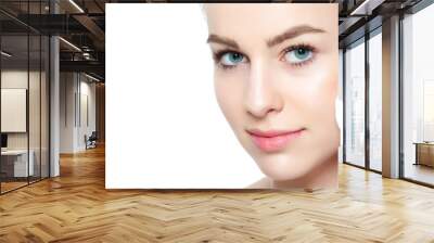 attractive young blond woman with towel in her hair removing make up. smiling pretty girl with perfe Wall mural