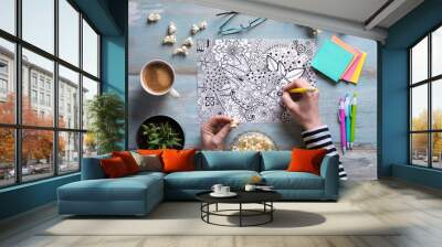 Flat lay, female coloring adult coloring books, new stress relieving trend Wall mural