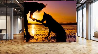 Hipster girl playing with dog at a beach during sunset Wall mural