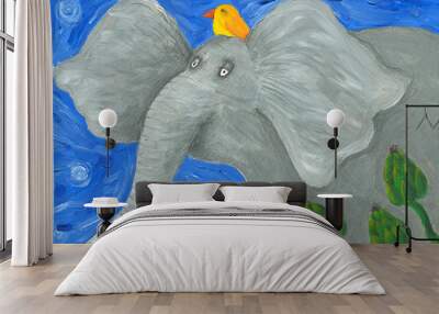 Funny elephant and surprised little girl Wall mural