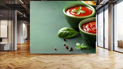  Bowls of Tomato Sauce on Green Background Wall mural