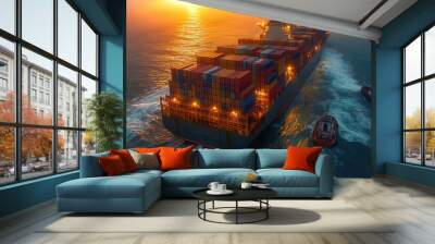 A cargo ship transports containers by sea. Wall mural