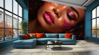 A close up of a beautifull black woman with eyes closed makeup and glitter on her face  Wall mural